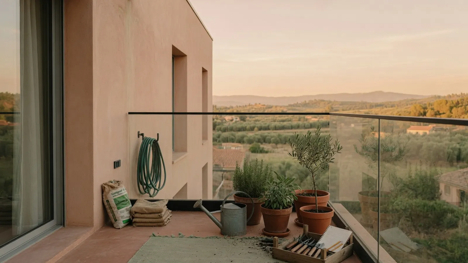 A modern balcony featuring a sleek glass deck railing that offers an unobstructed view of the surrounding landscape.