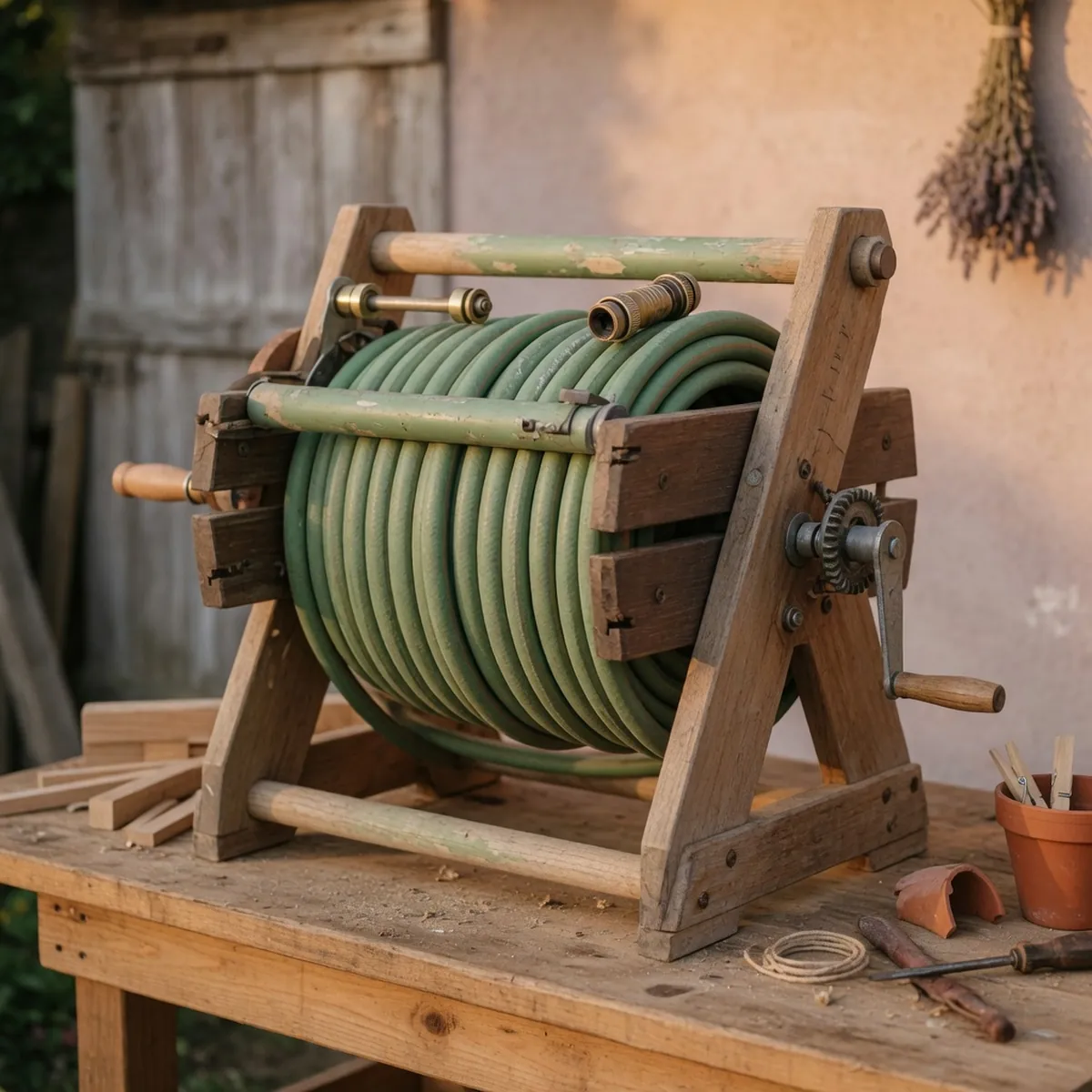 A close-up of a wooden hose reel mechanism with a green garden hose wrapped around the central pipe.