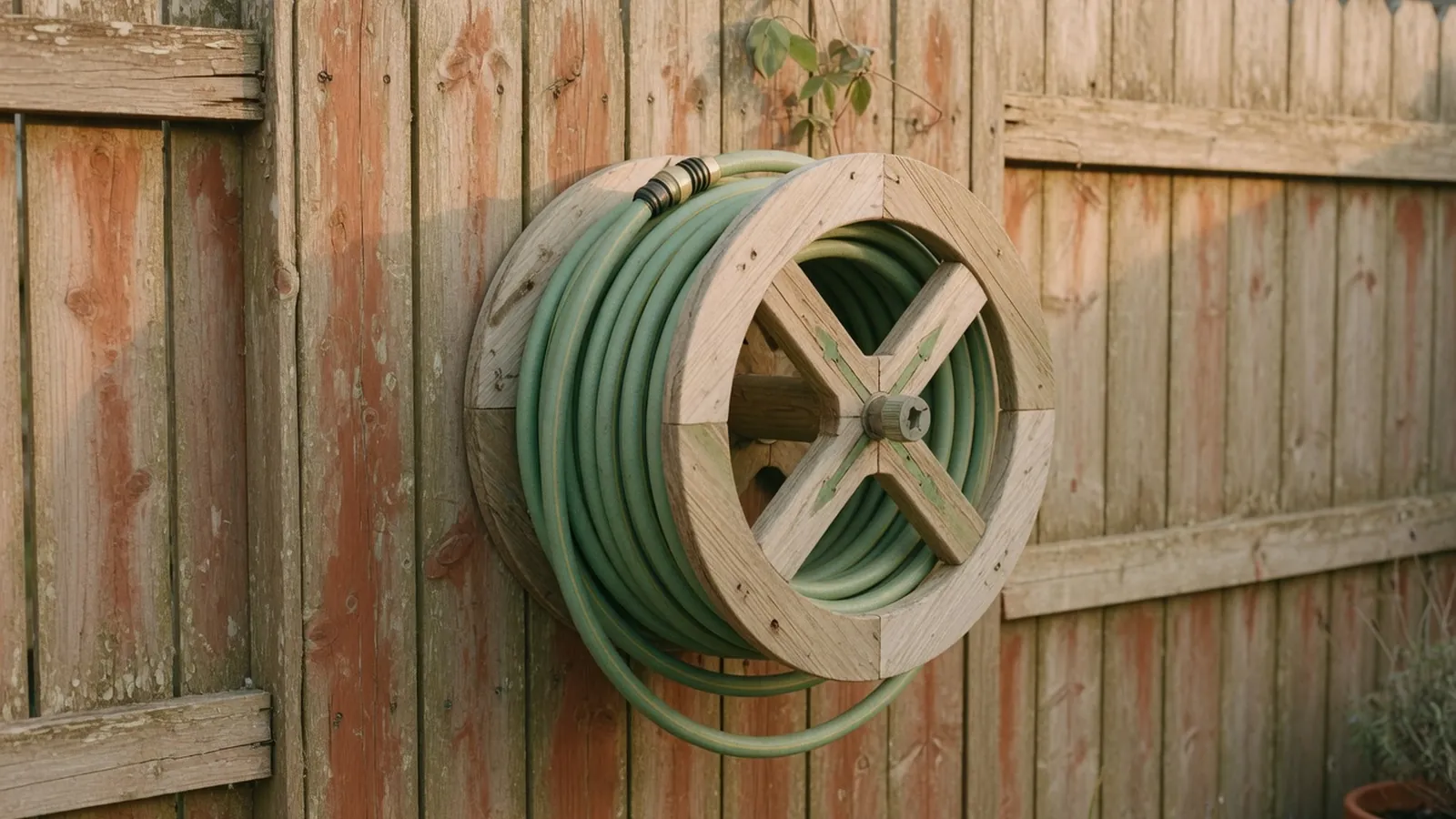 A wooden wall-mounted hose reel holding a neatly coiled green garden hose in a sunny garden.