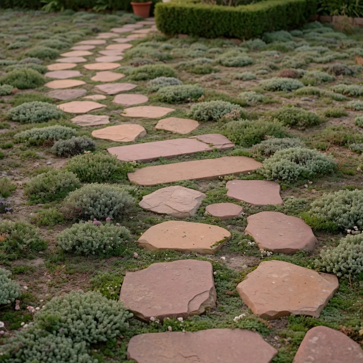 A garden path featuring stepping stones arranged in a natural, winding pattern among green ground cover.