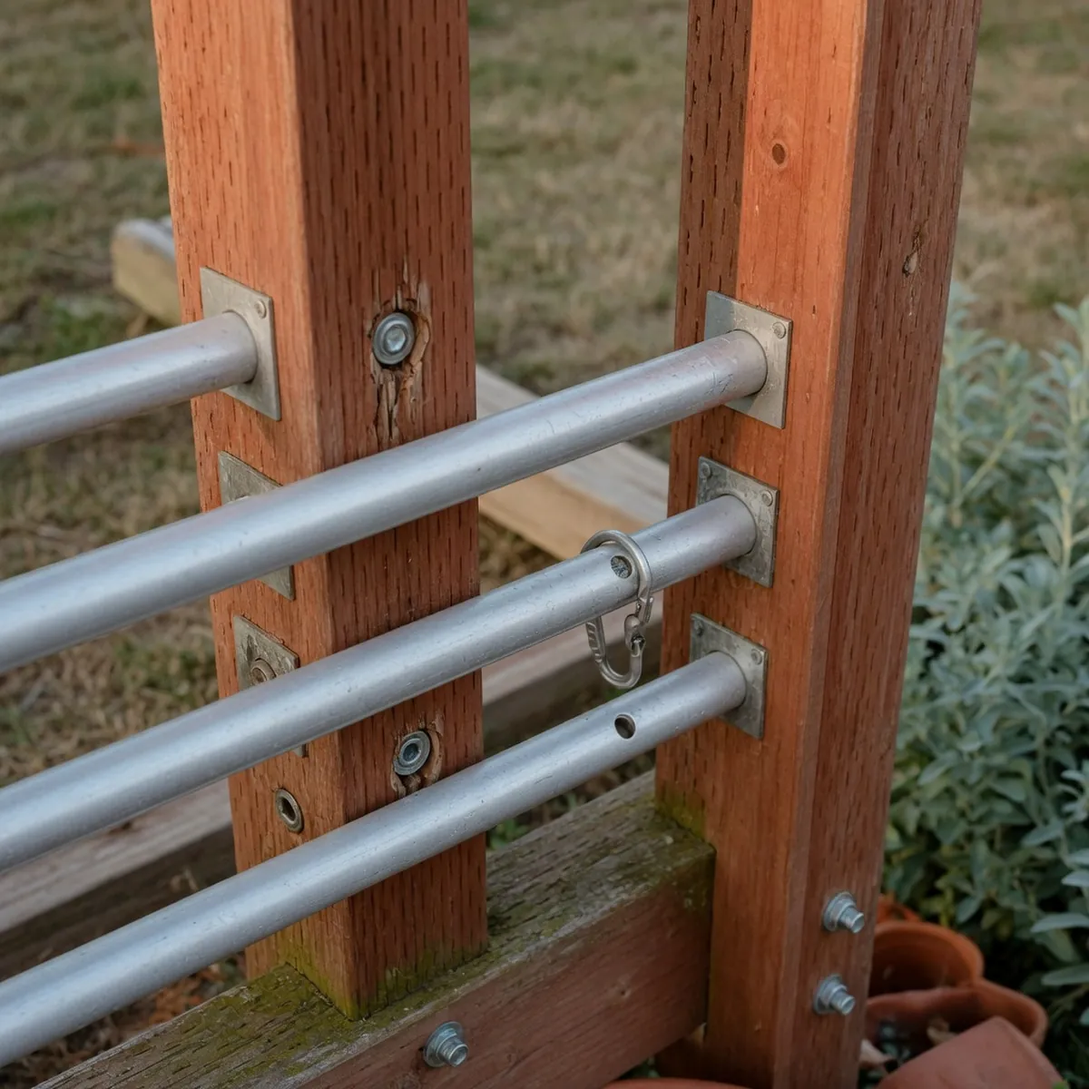 Silver aluminum rods securely attached to vertical cedar posts on a backyard play structure.