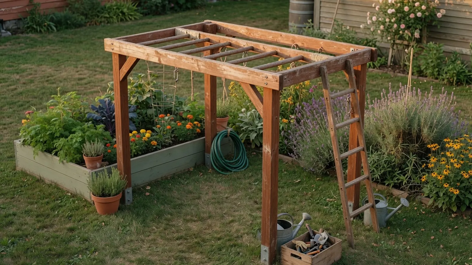 A wooden monkey bar frame standing in a sunny backyard with green grass and garden plants nearby.