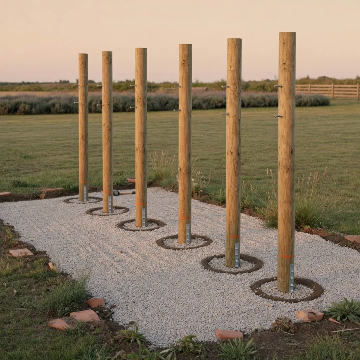 A row of wooden utility poles stands upright in a prepared gravel base on a flat field.