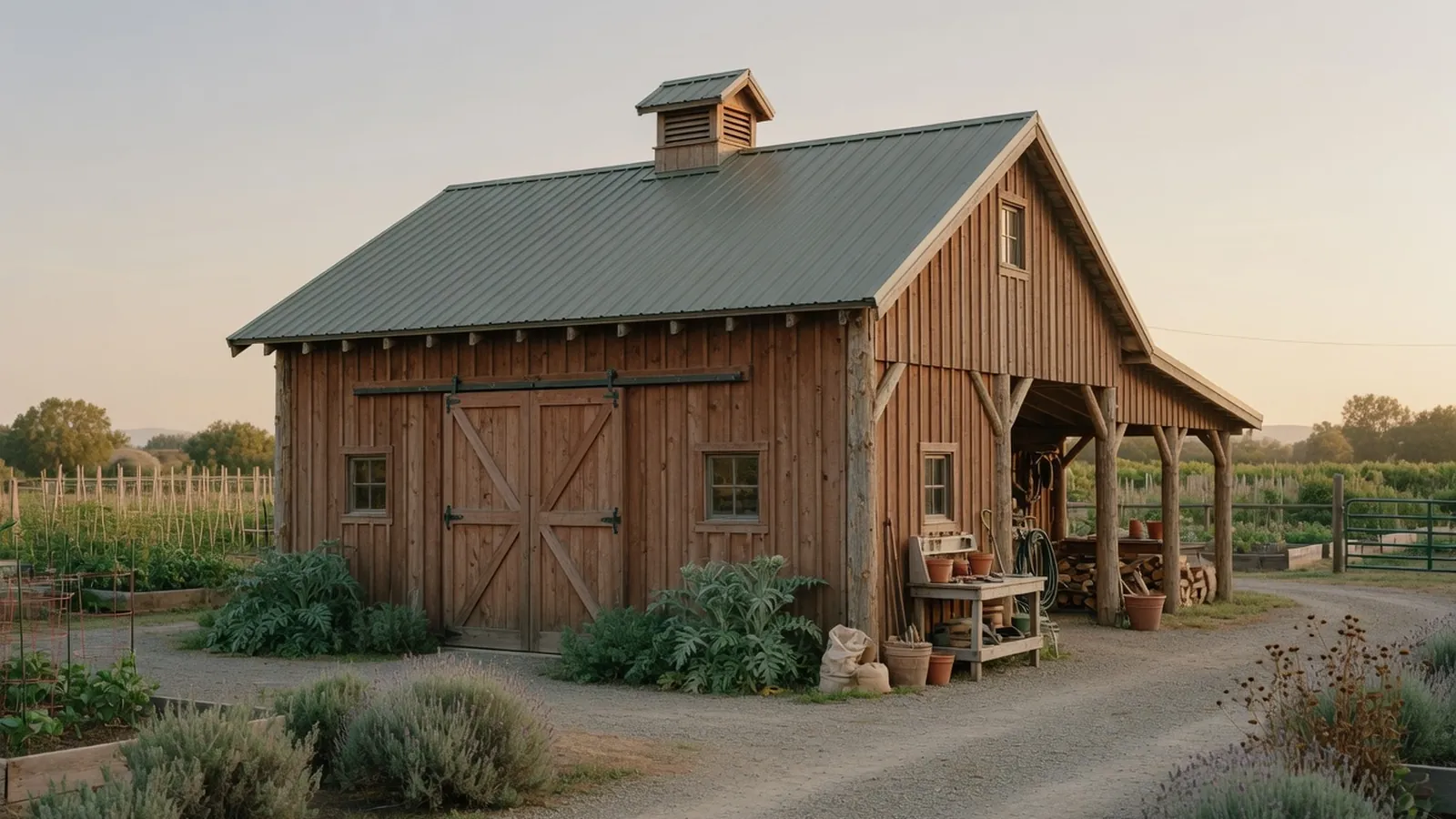 A completed wooden pole barn stands in a rural agricultural setting with a simple gable roof.