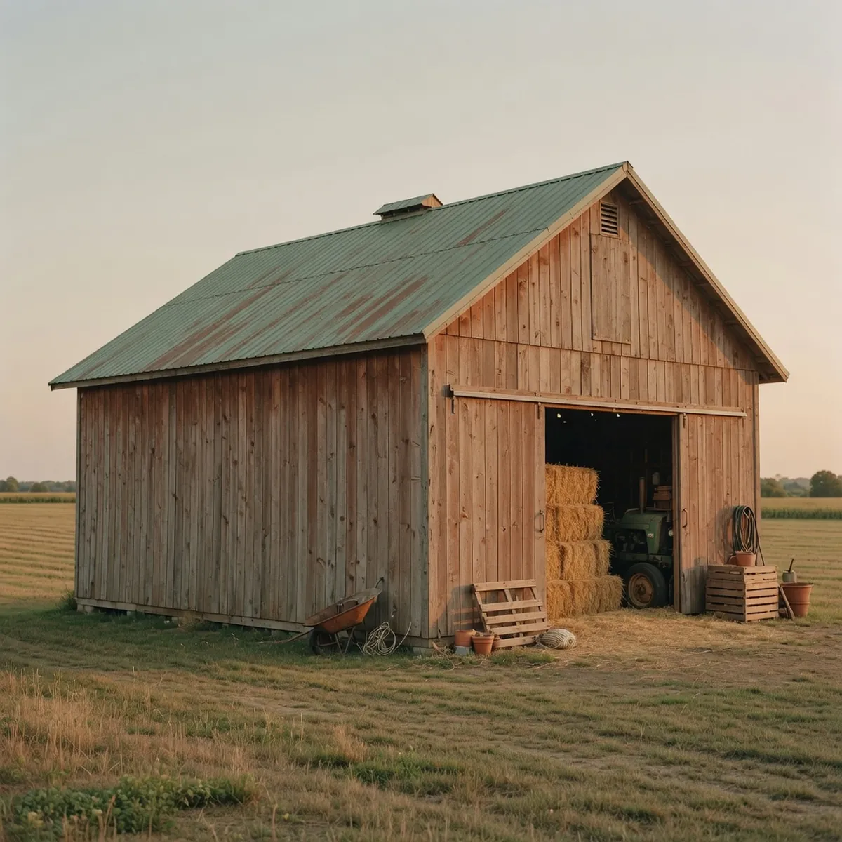 A rectangular wooden pole barn with a gabled roof standing in an open field.