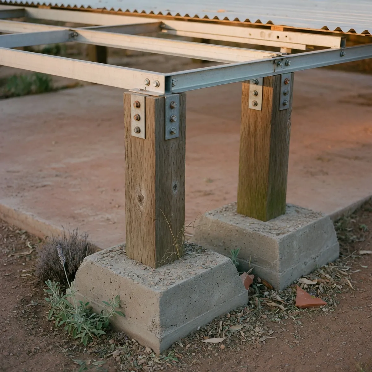 Sturdy wooden support poles set in concrete footings with a light metal roof structure attached above.
