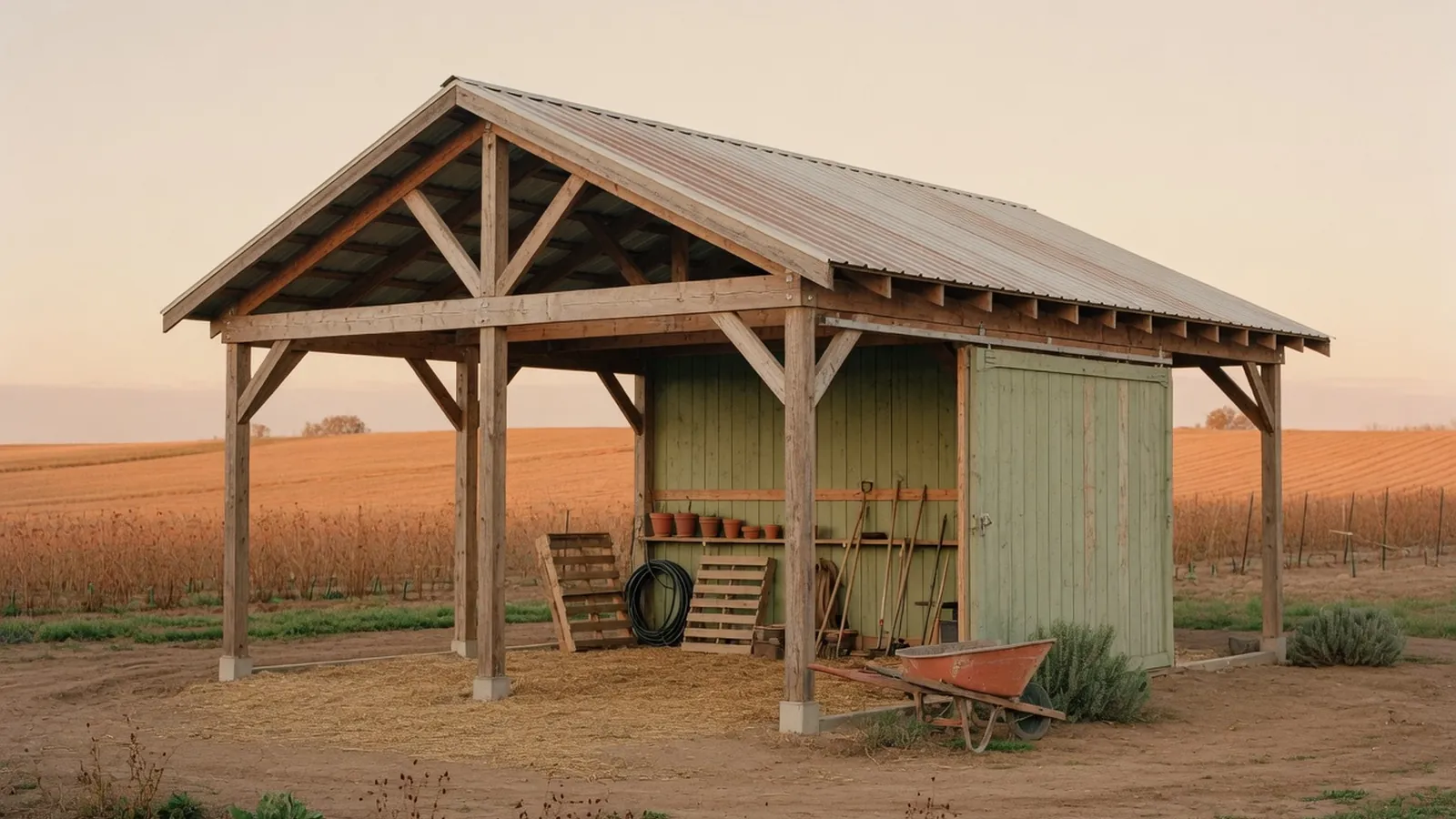 A completed wooden pole barn standing on firm agricultural land with a clear sky above.