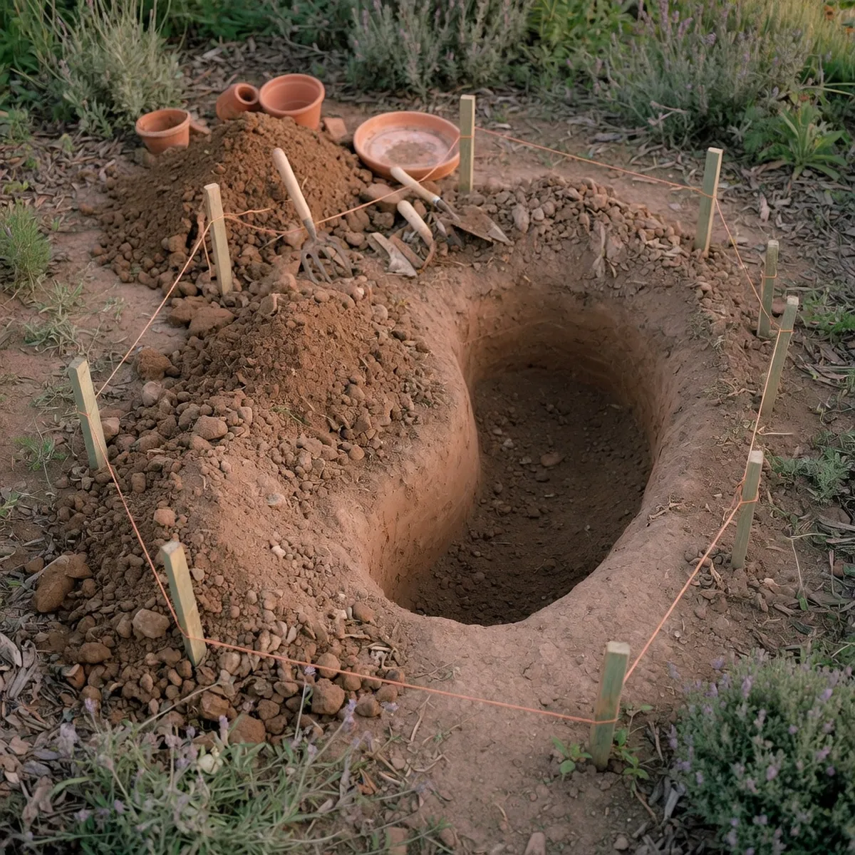 A prepared garden depression marked with string and stakes ready for planting.