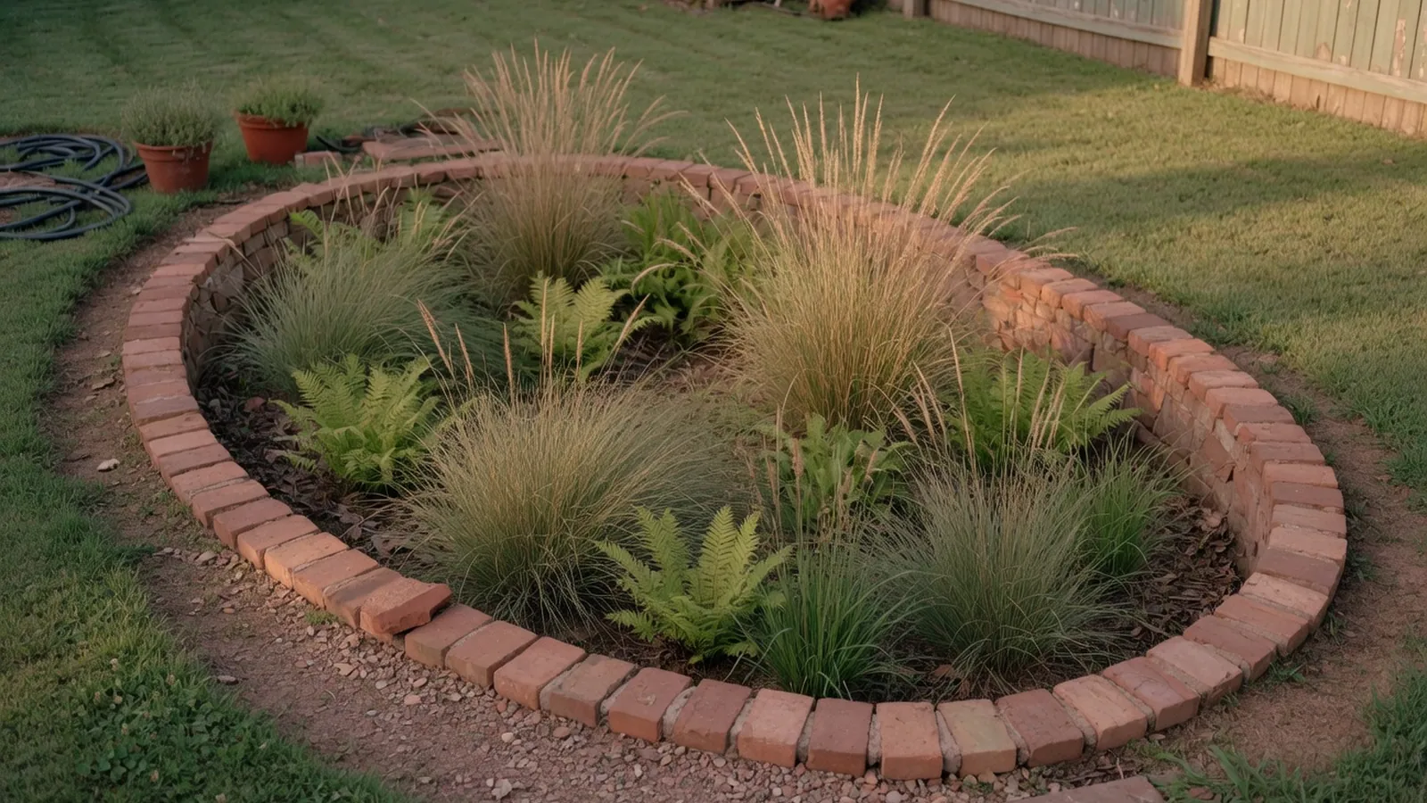 A lush rain garden depression filled with native grasses and ferns absorbing stormwater.