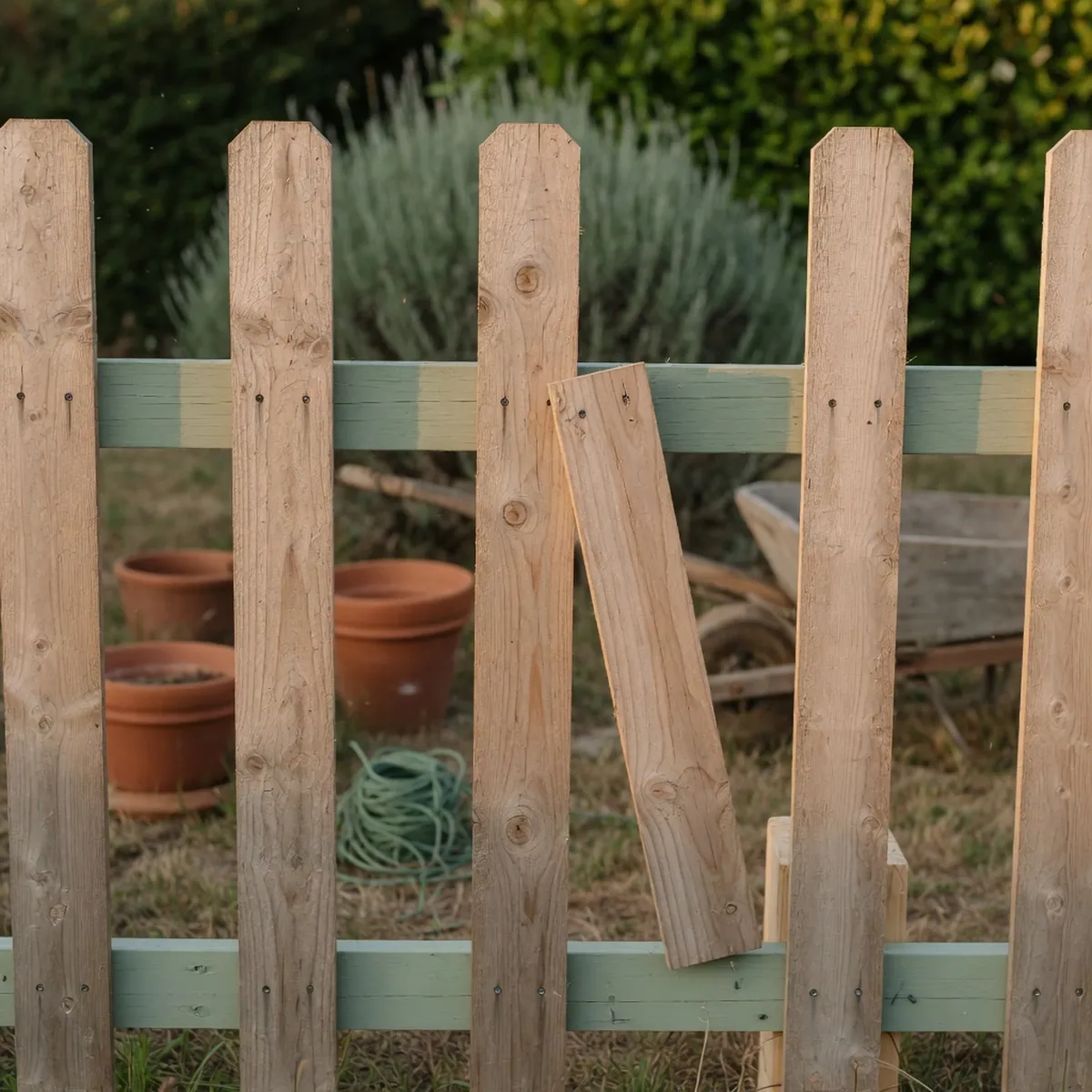 Vertical wooden pickets aligned against horizontal rails during fence construction.