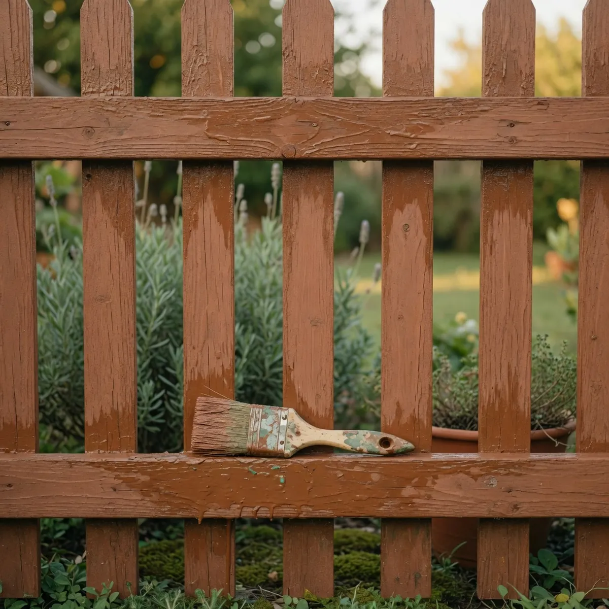 A wooden fence section showing a fresh coat of protective stain.