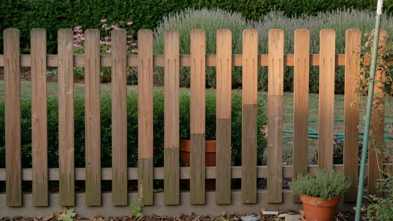 A wooden shadow box fence with staggered pickets providing privacy in a garden.
