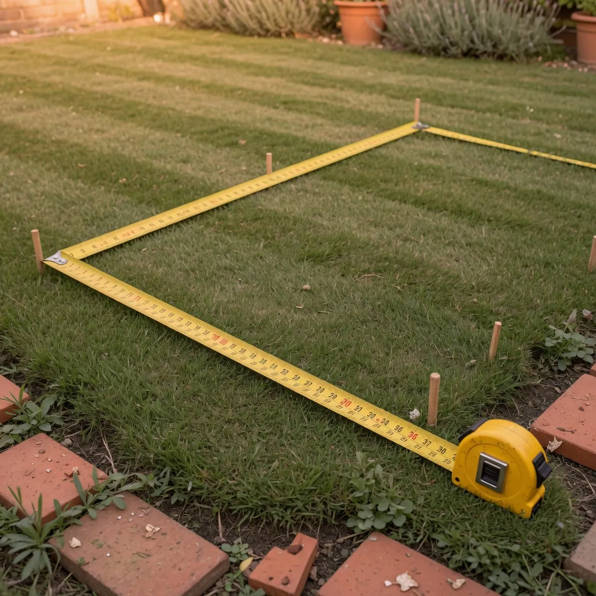 A yellow measuring tape stretched across a patch of trimmed grass to mark a rectangular outline.