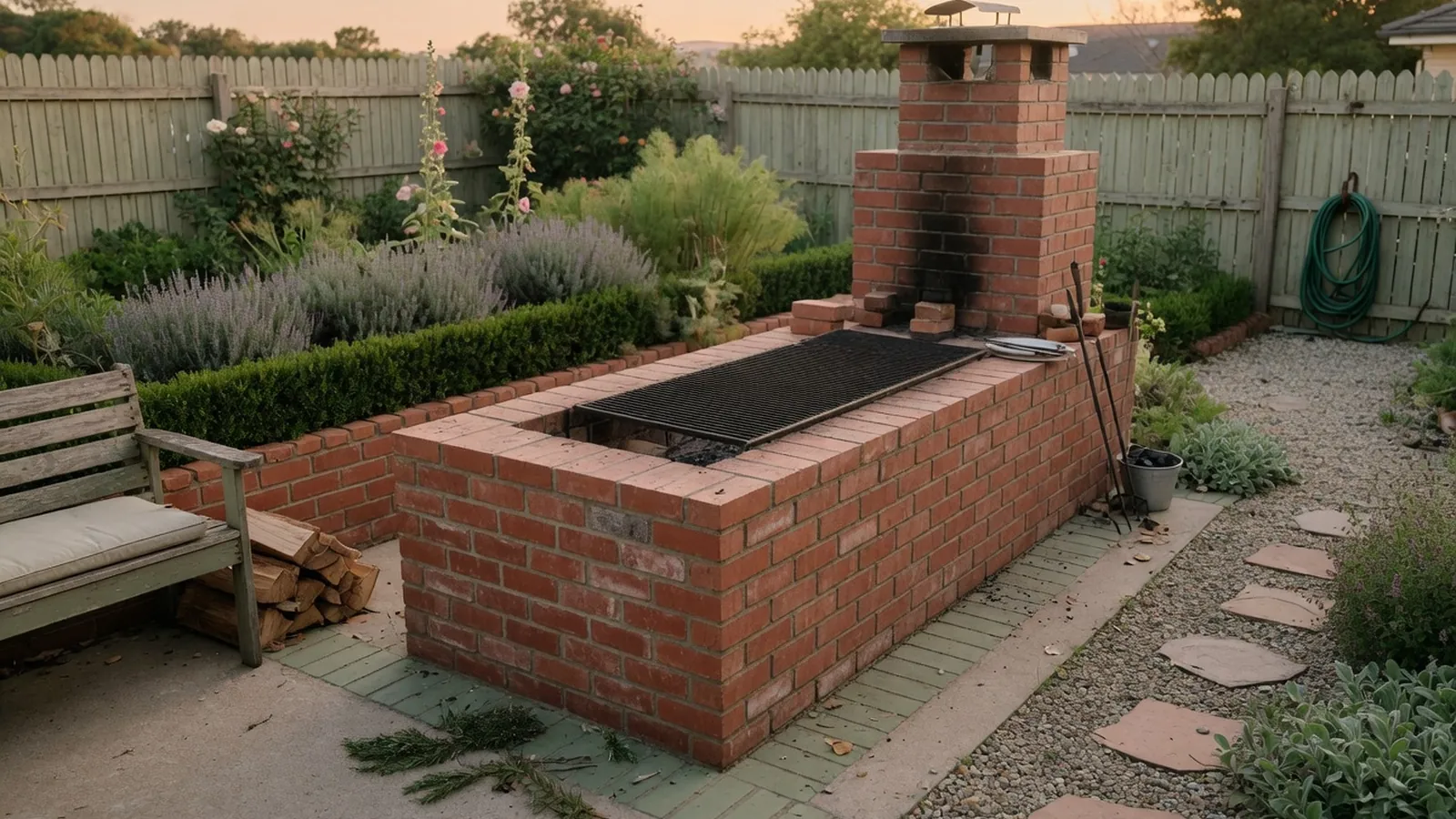 A sturdy rectangular brick barbecue pit situated in a well-kept backyard garden.