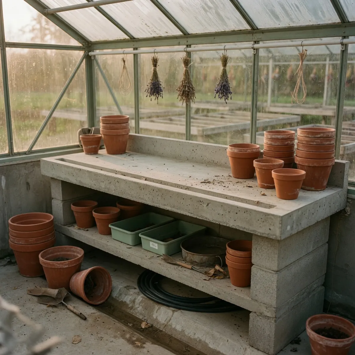 A durable concrete potting bench placed inside a greenhouse structure.