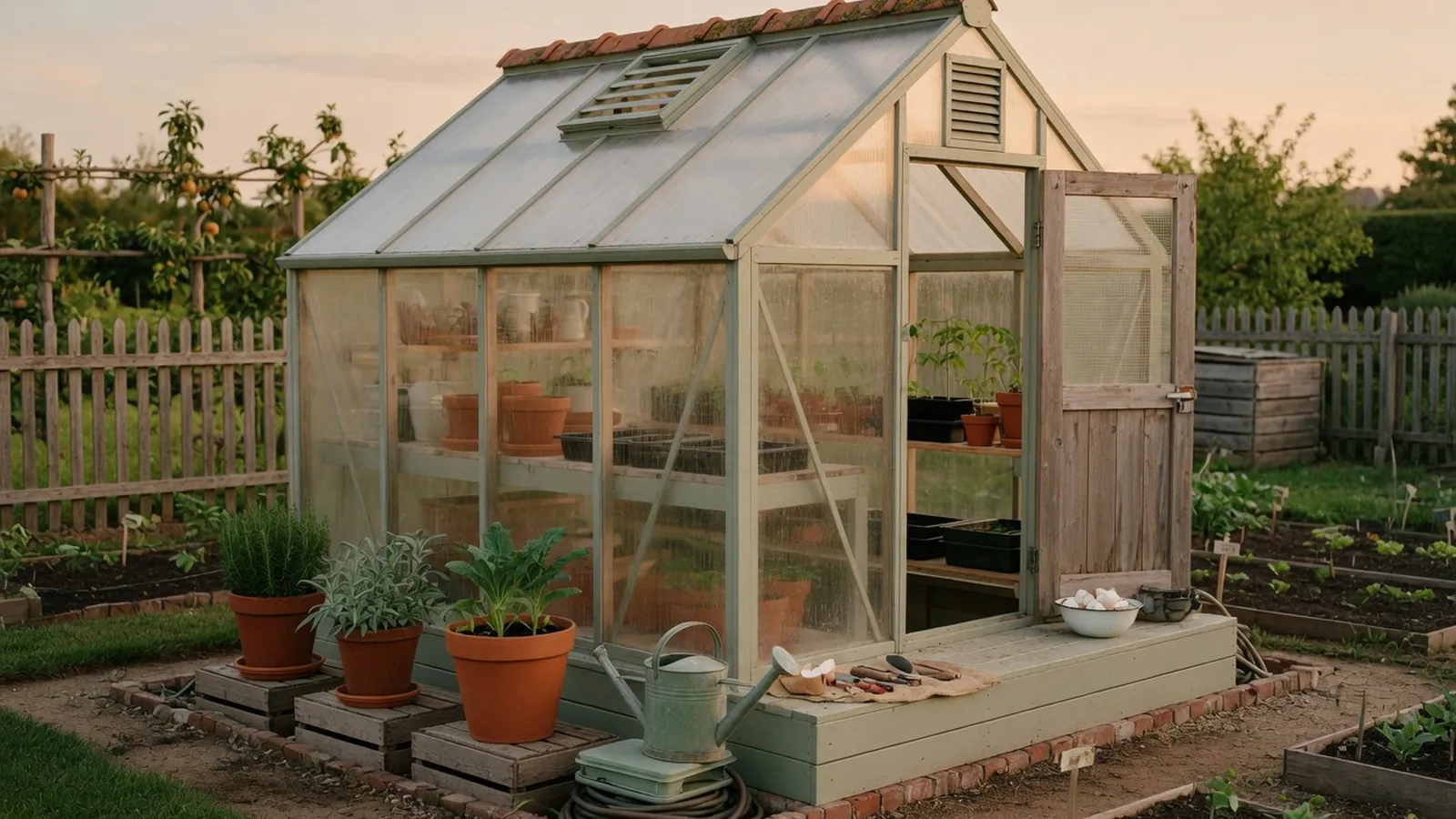A residential greenhouse with transparent panels standing in a tidy garden plot.