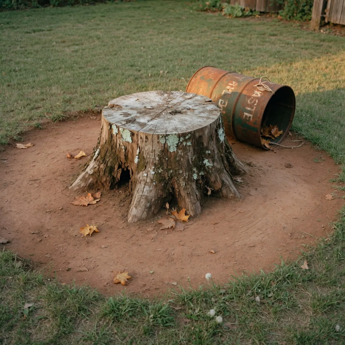 A tree stump in a yard with a metal drum placed nearby for burning.