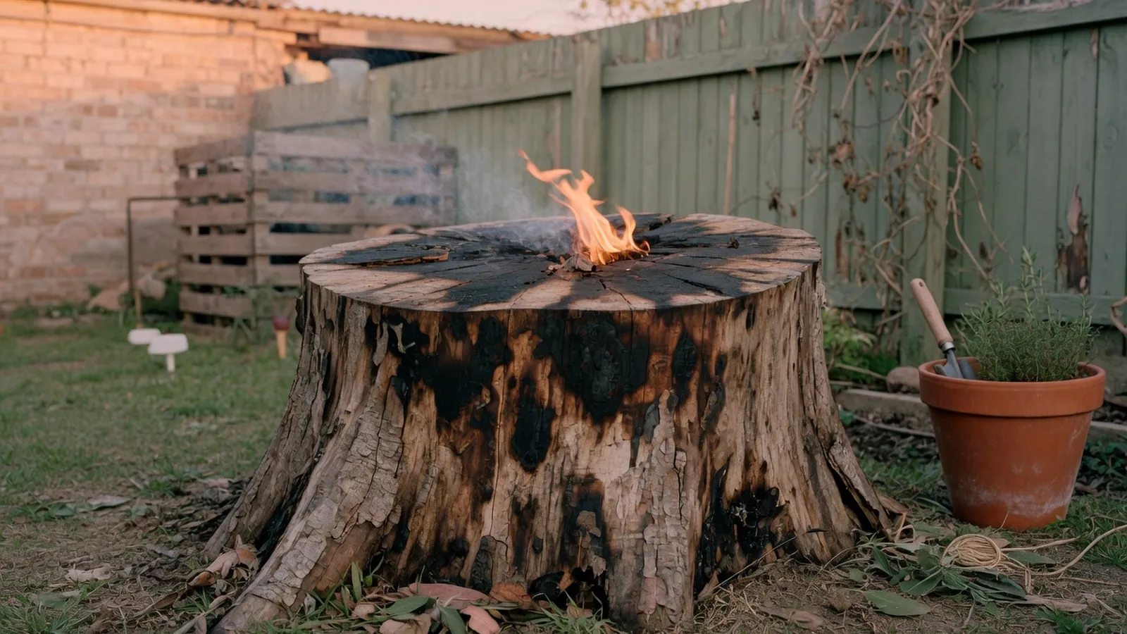 A charred tree stump in a backyard with a small controlled flame on top.