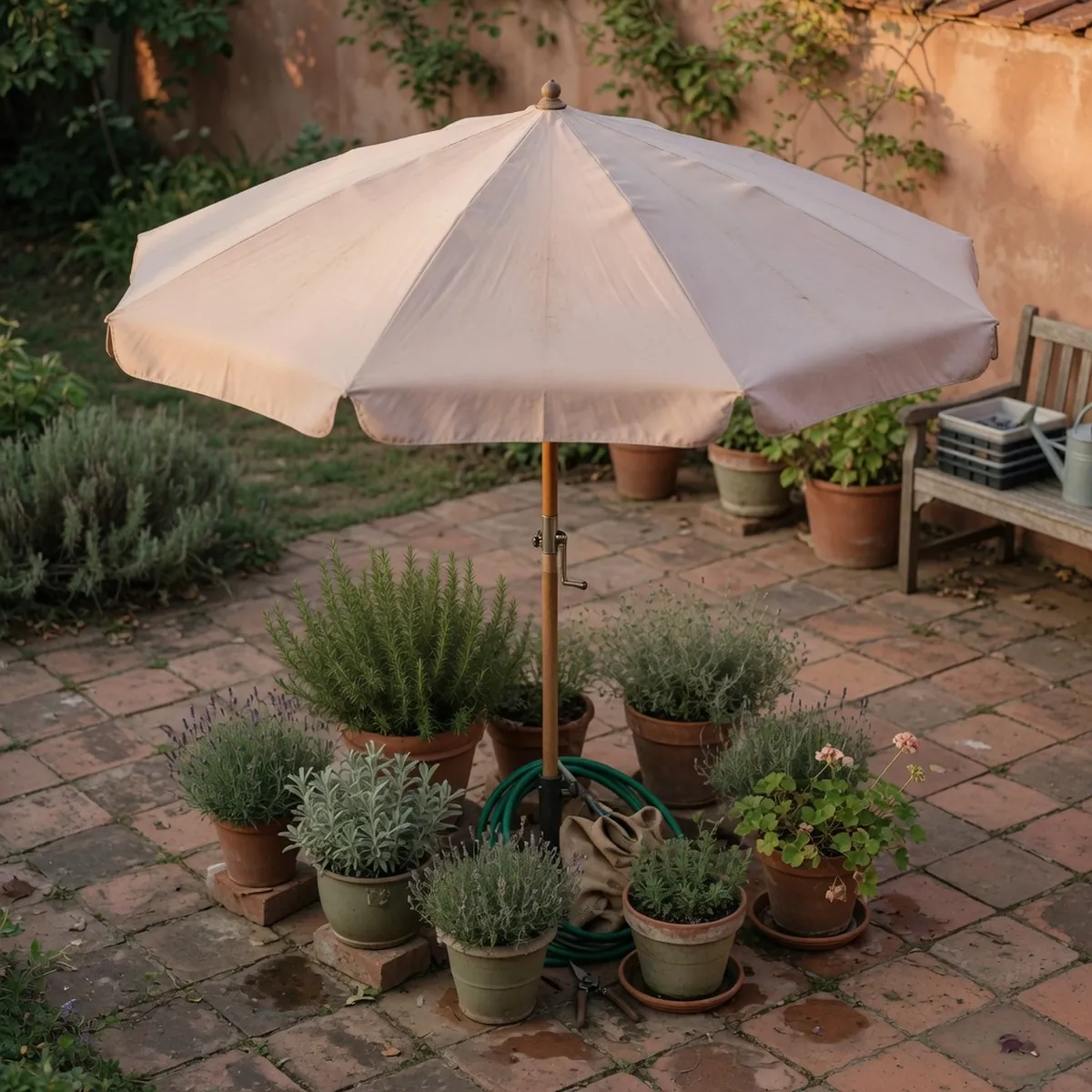 A pale beige patio umbrella open on a paved garden patio surrounded by green plants.