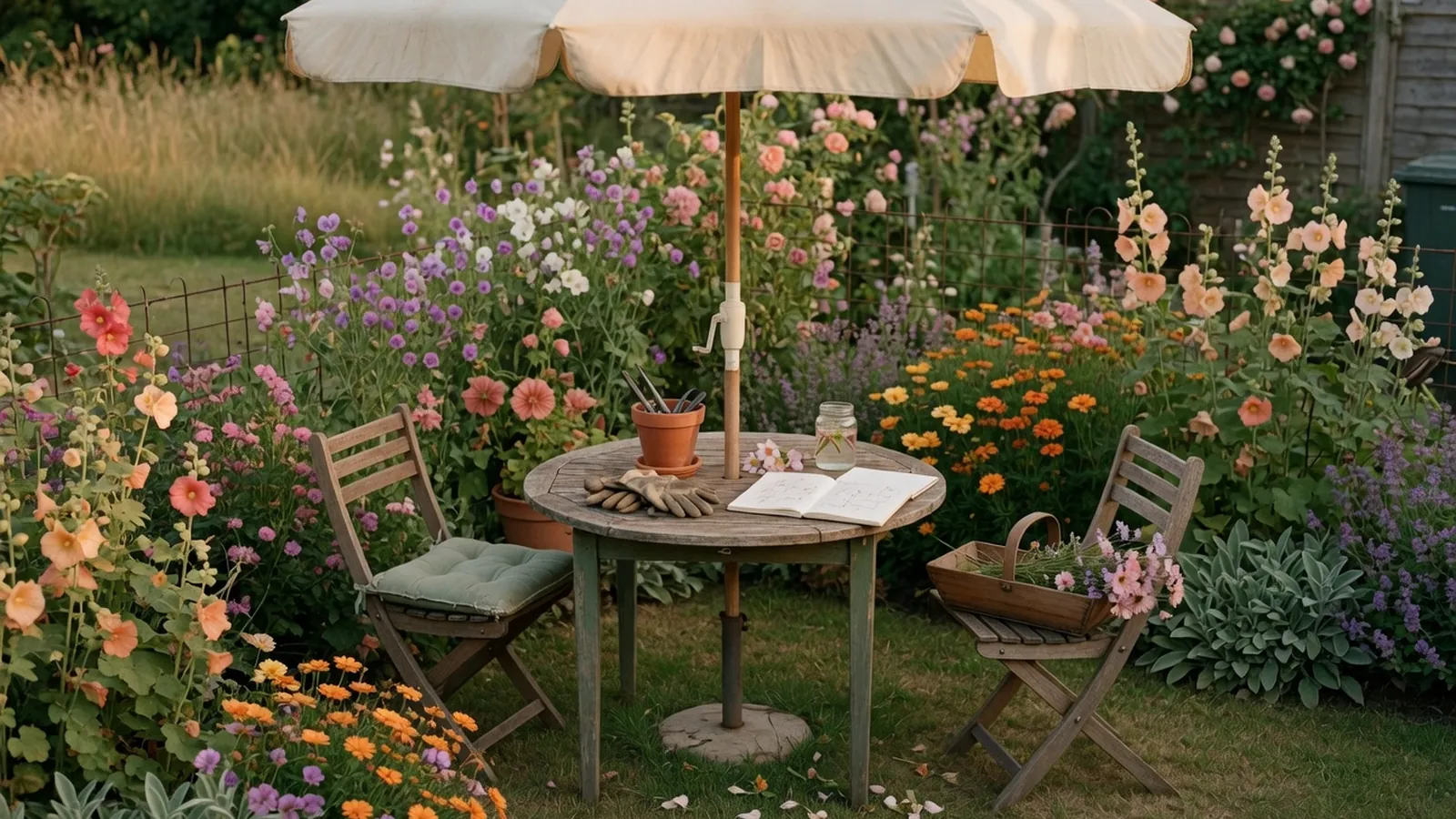 A cream patio umbrella shading a wooden table and chairs on a sunny garden lawn.