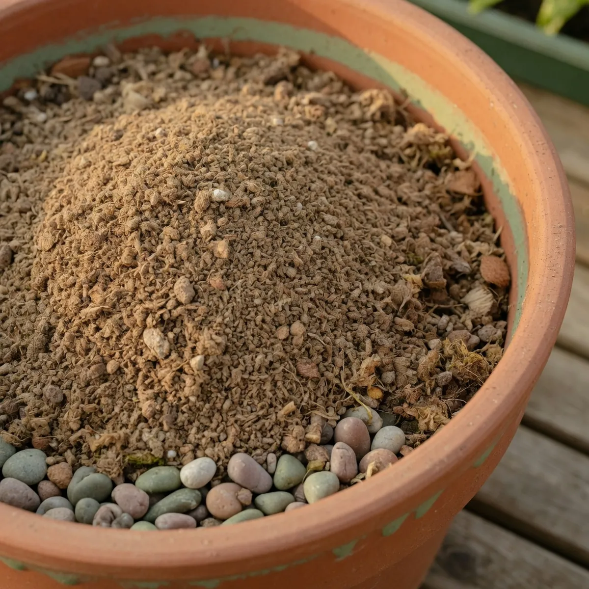 Light, peaty potting soil with small drainage pebbles visible in a ceramic container.