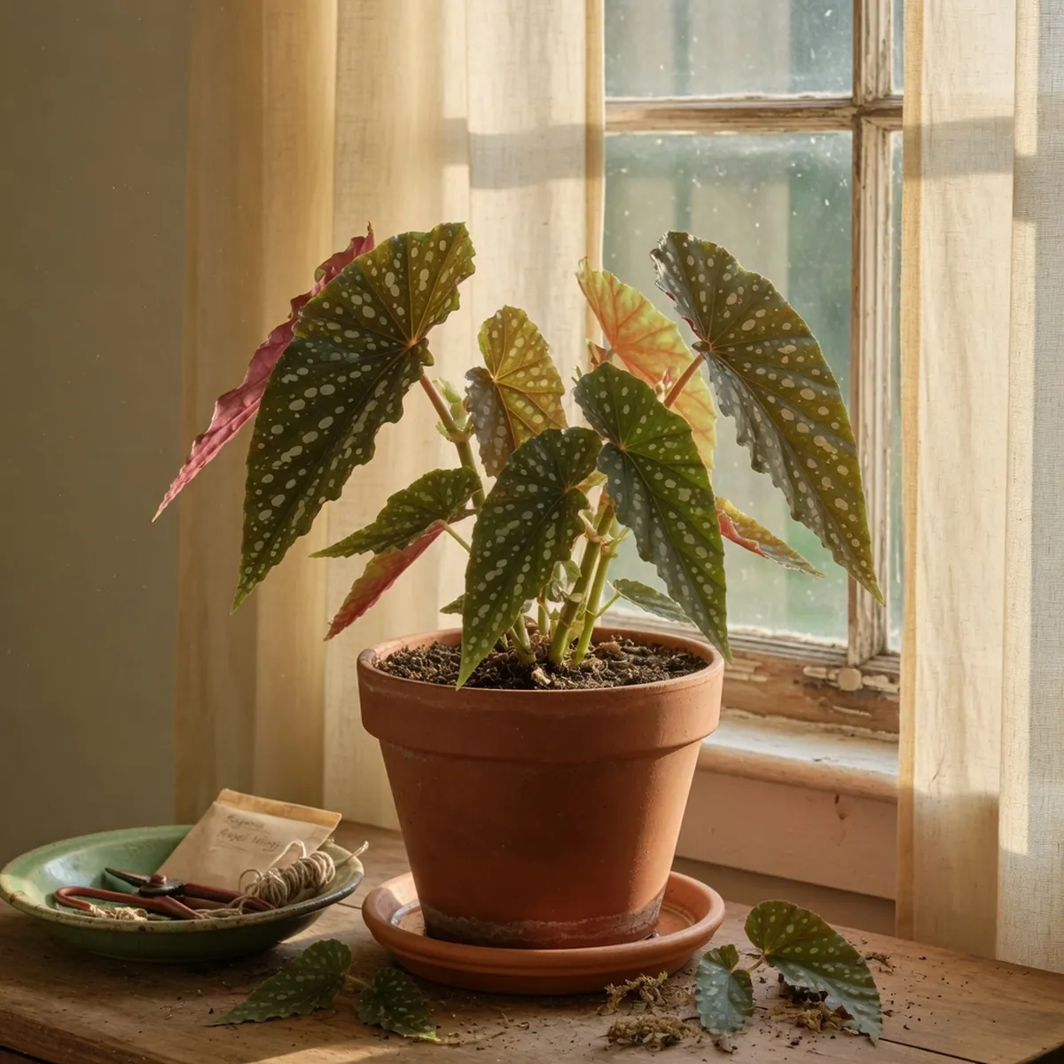 A healthy Angel Wing Begonia in a sturdy clay pot positioned near a window with filtered sunlight.