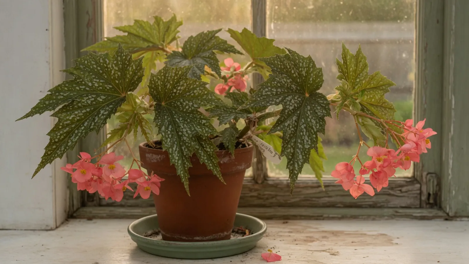 A potted Angel Wing Begonia displaying its distinctive jagged, speckled leaves and clusters of bright salmon-pink flowers on a wooden windowsill.