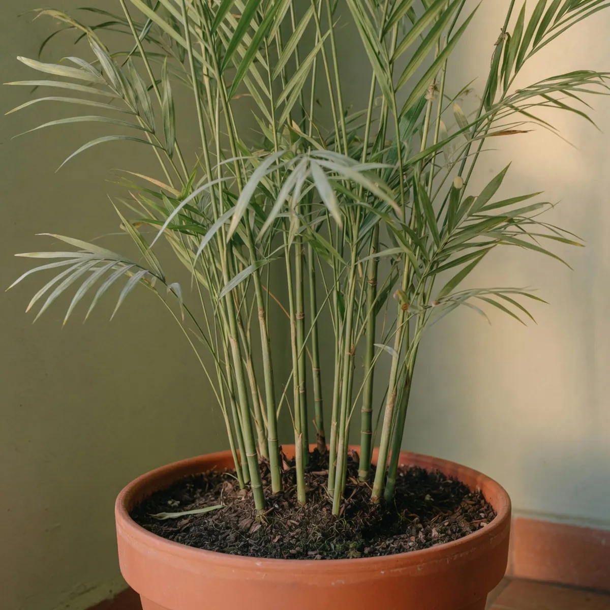 Multiple slender green stems of a bamboo palm rise from a pot in a bright indoor space.