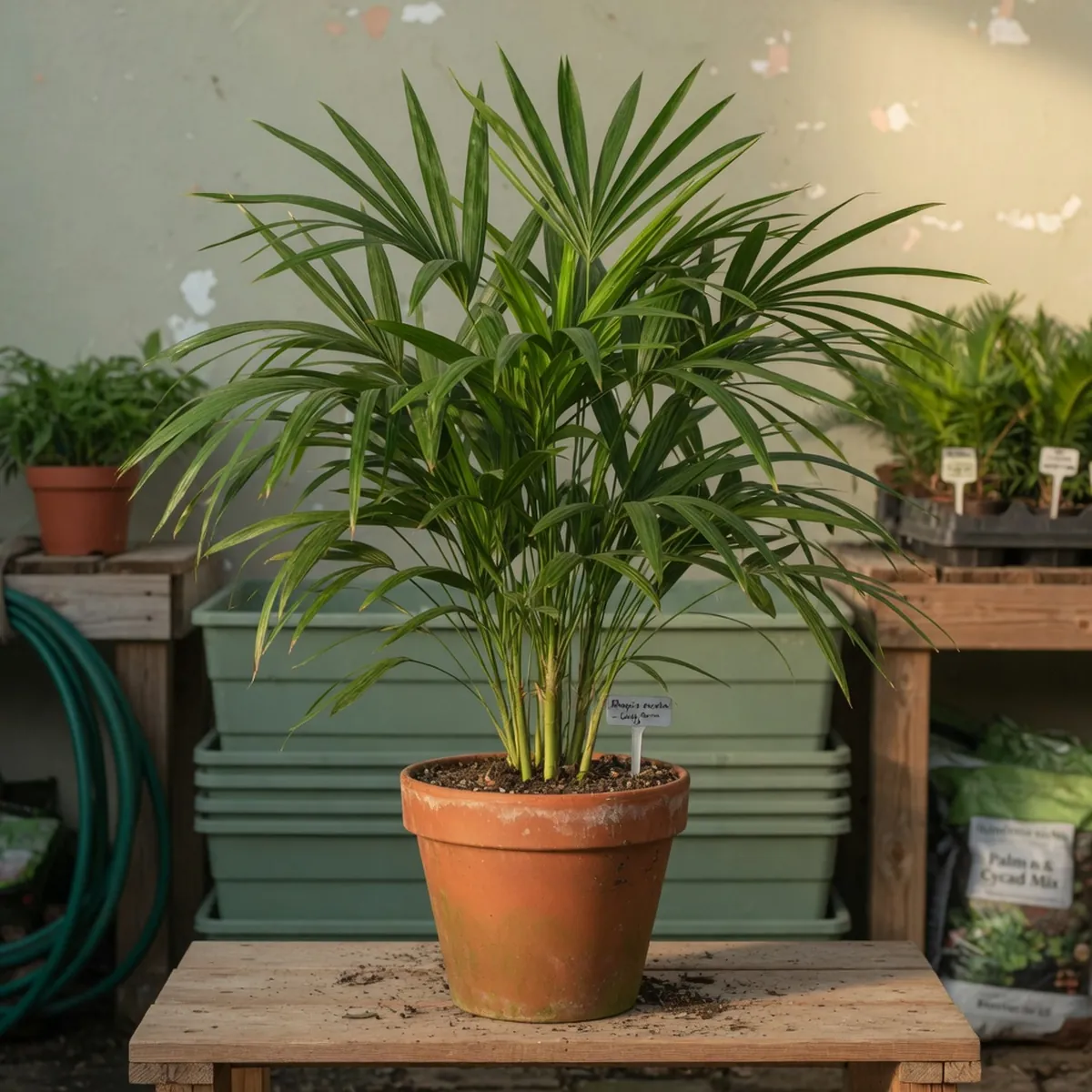 A vibrant potted bamboo palm displays lush feather-like fronds in a well-lit nursery environment.
