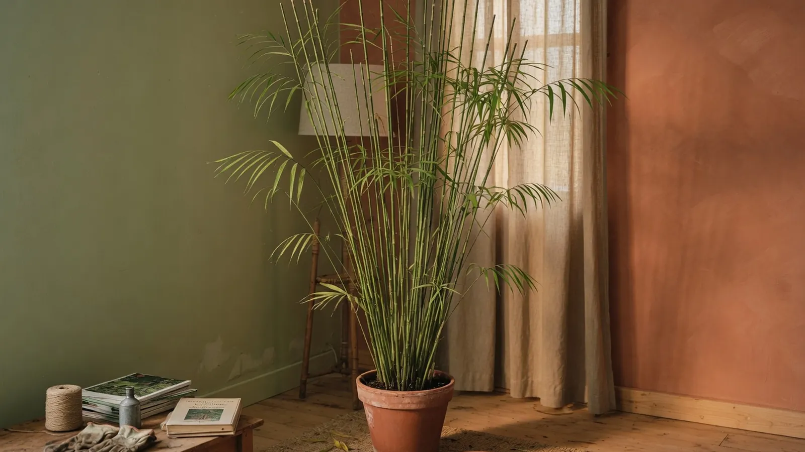 A tall bamboo palm plant with slender stems and feathery green fronds brightening a quiet room.