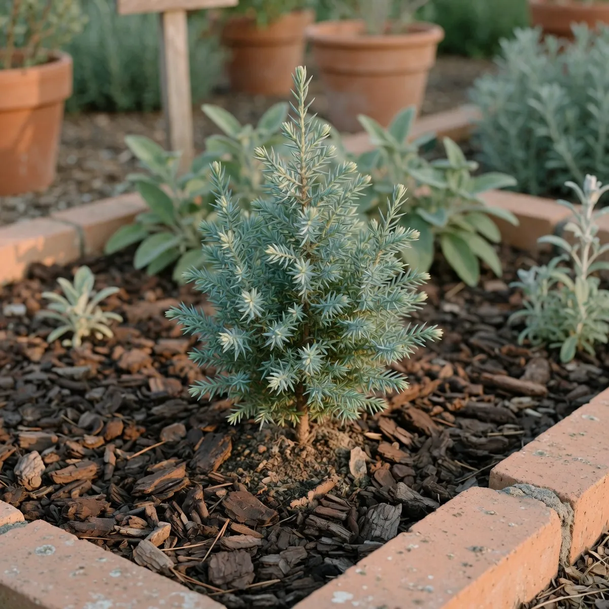 A young Blue Point juniper sapling planted in dark mulch within a garden bed.