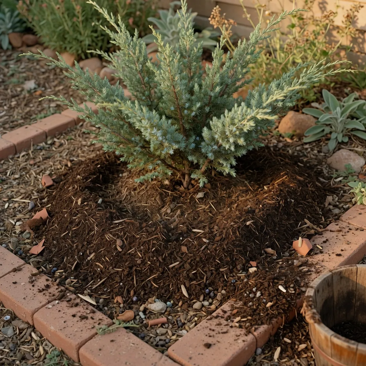 Rich organic compost being spread around the base of a healthy juniper shrub.