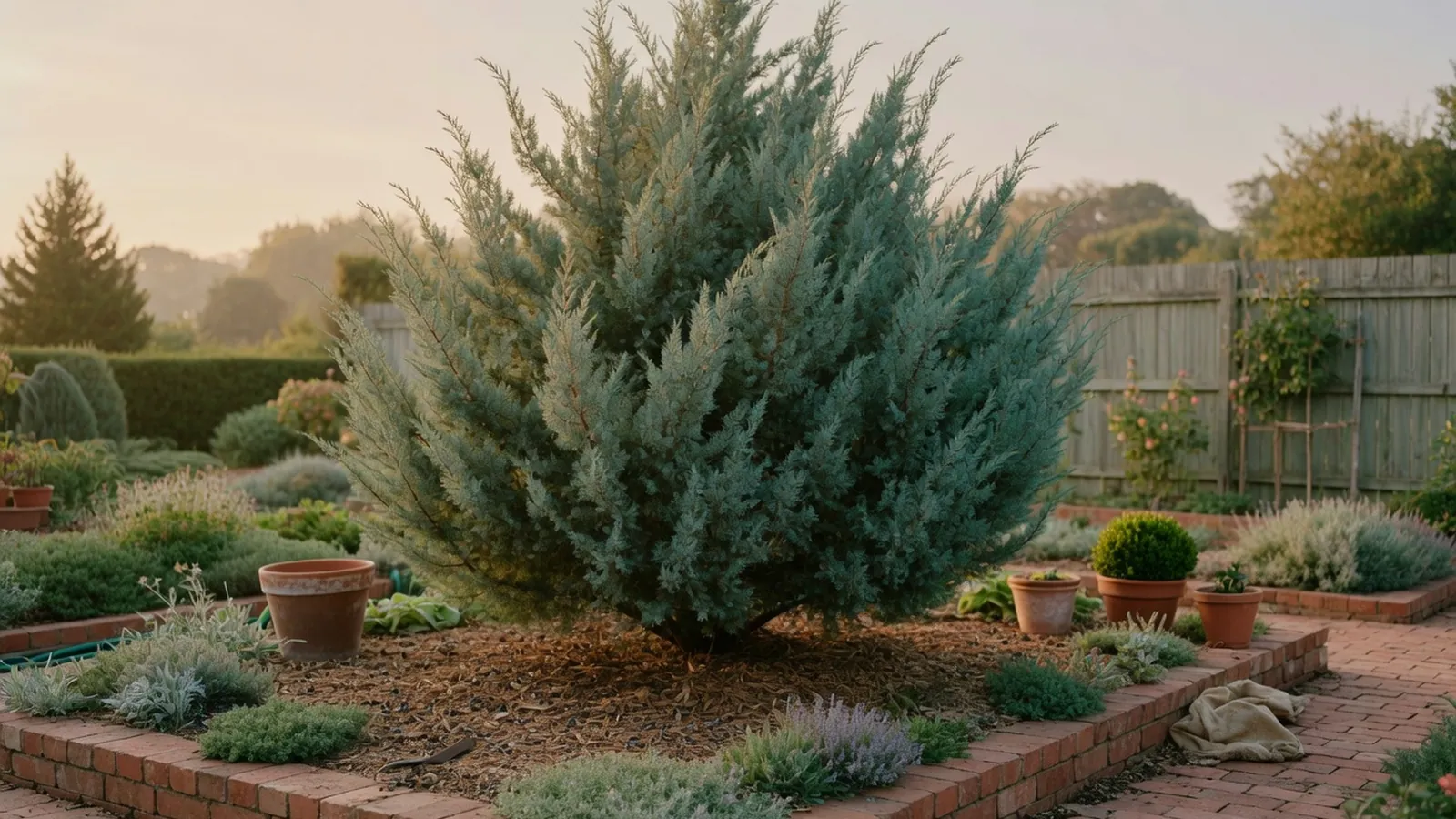 A mature Blue Point juniper tree with dense blue-green foliage standing prominently in a landscaped garden bed.