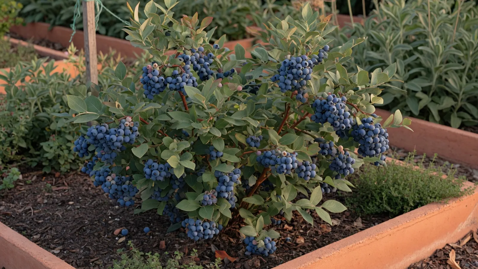 A healthy blueberry bush heavy with clusters of ripe blue berries among green leaves.