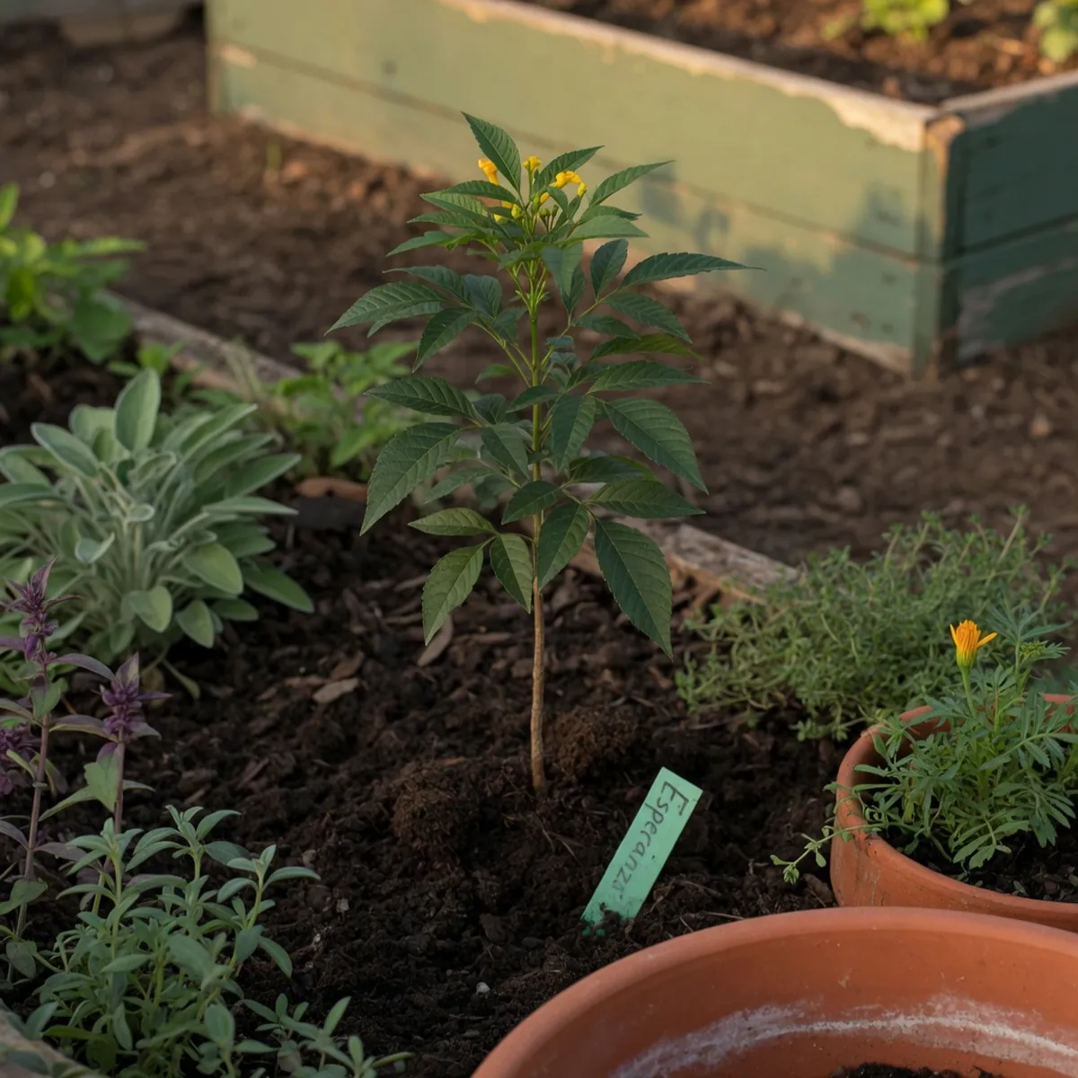 A young Esperanza sapling with dark green leaves planted in rich, dark soil.