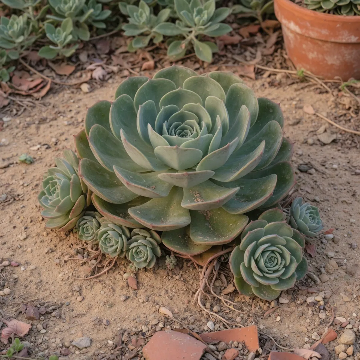 A close-up of a mature succulent rosette surrounded by smaller offset pups emerging from the soil.