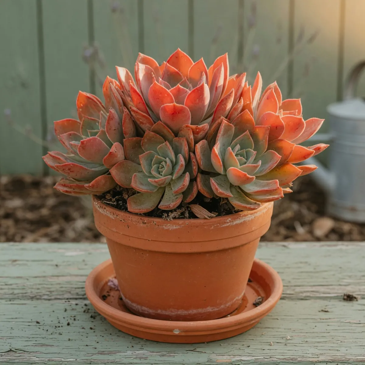 A potted succulent displaying vibrant red and orange foliage tones under direct sunlight.