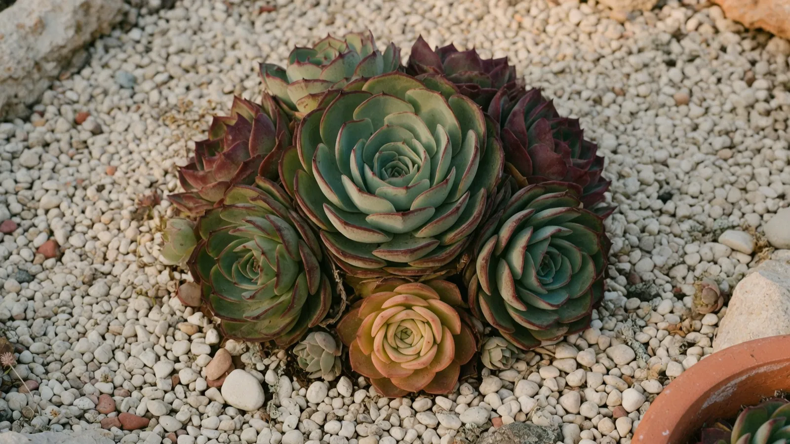 A cluster of fleshy, rosette-shaped succulent leaves in varying shades of green and burgundy nestled among pale gravel.