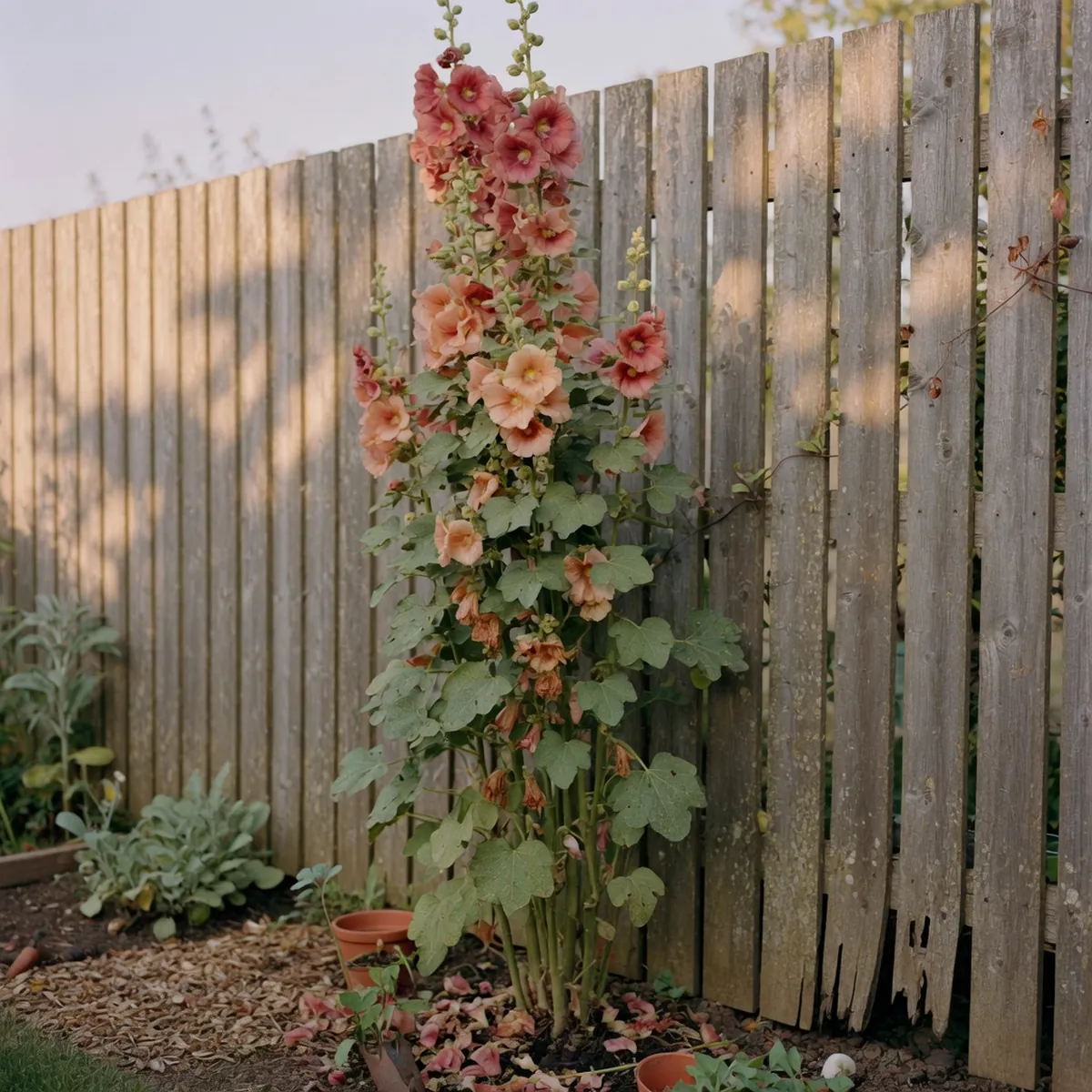 A tall hollyhock plant growing beside a weathered wooden garden fence.
