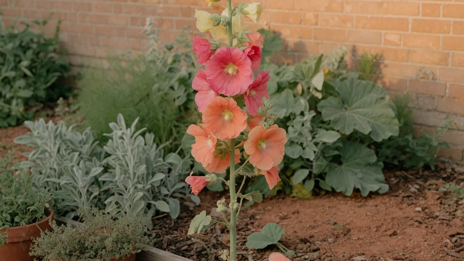 A tall hollyhock plant displaying vibrant blooms in a summer garden.