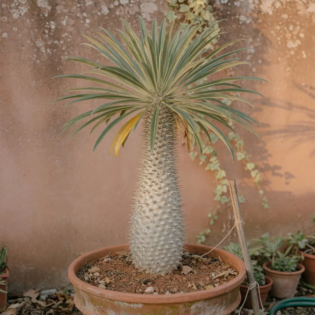 A tall Madagascar palm tree displays its spiny trunk and top cluster of leaves against a soft background.