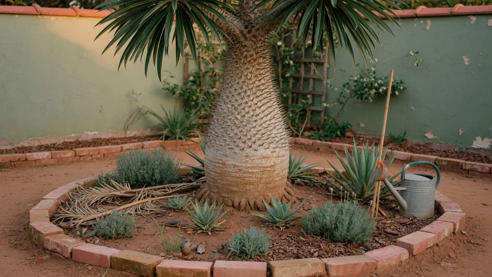 A mature Madagascar palm tree stands in a garden, highlighting its thick trunk and leafy crown.