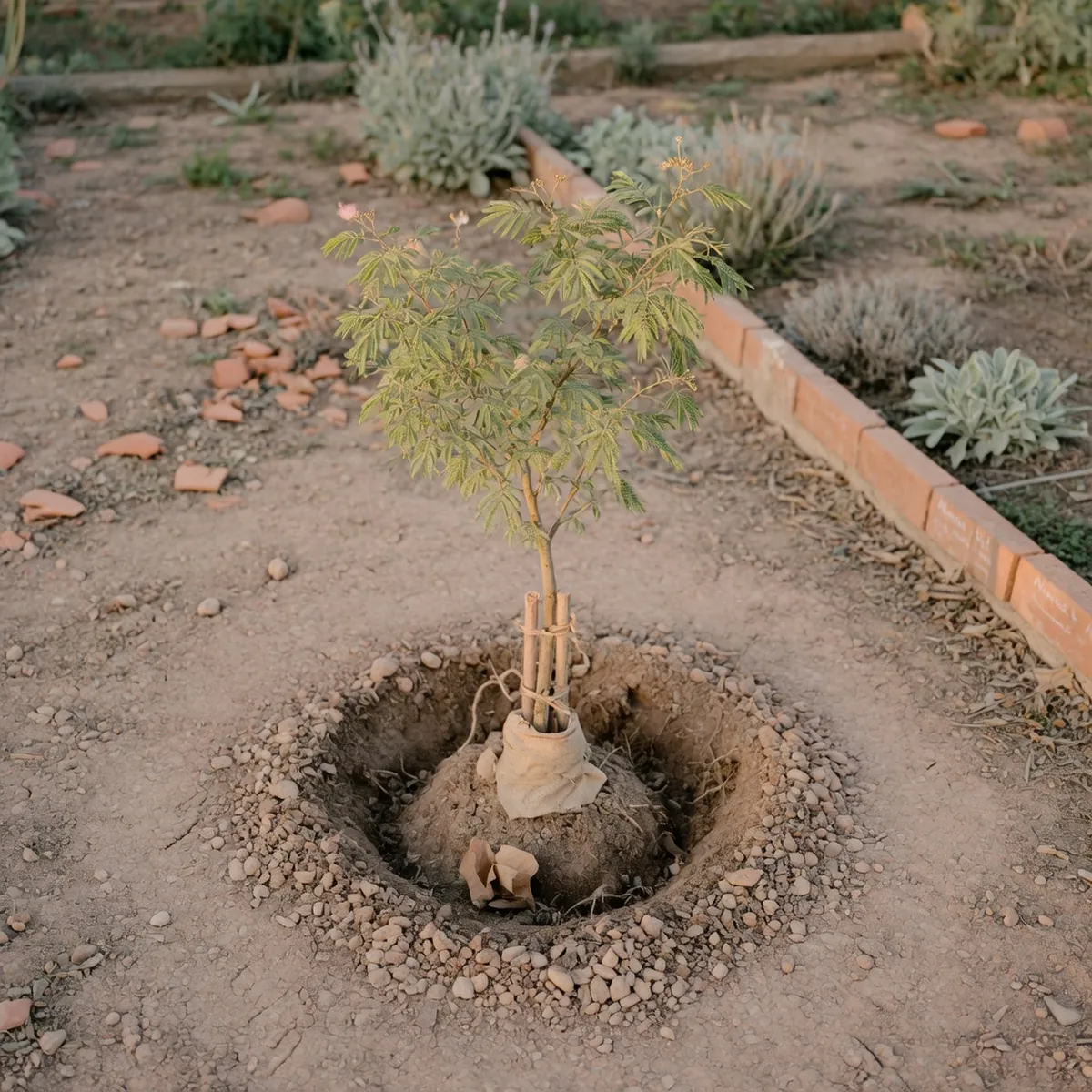 A young mimosa tree growing in dry, well-drained soil under bright garden sunlight.