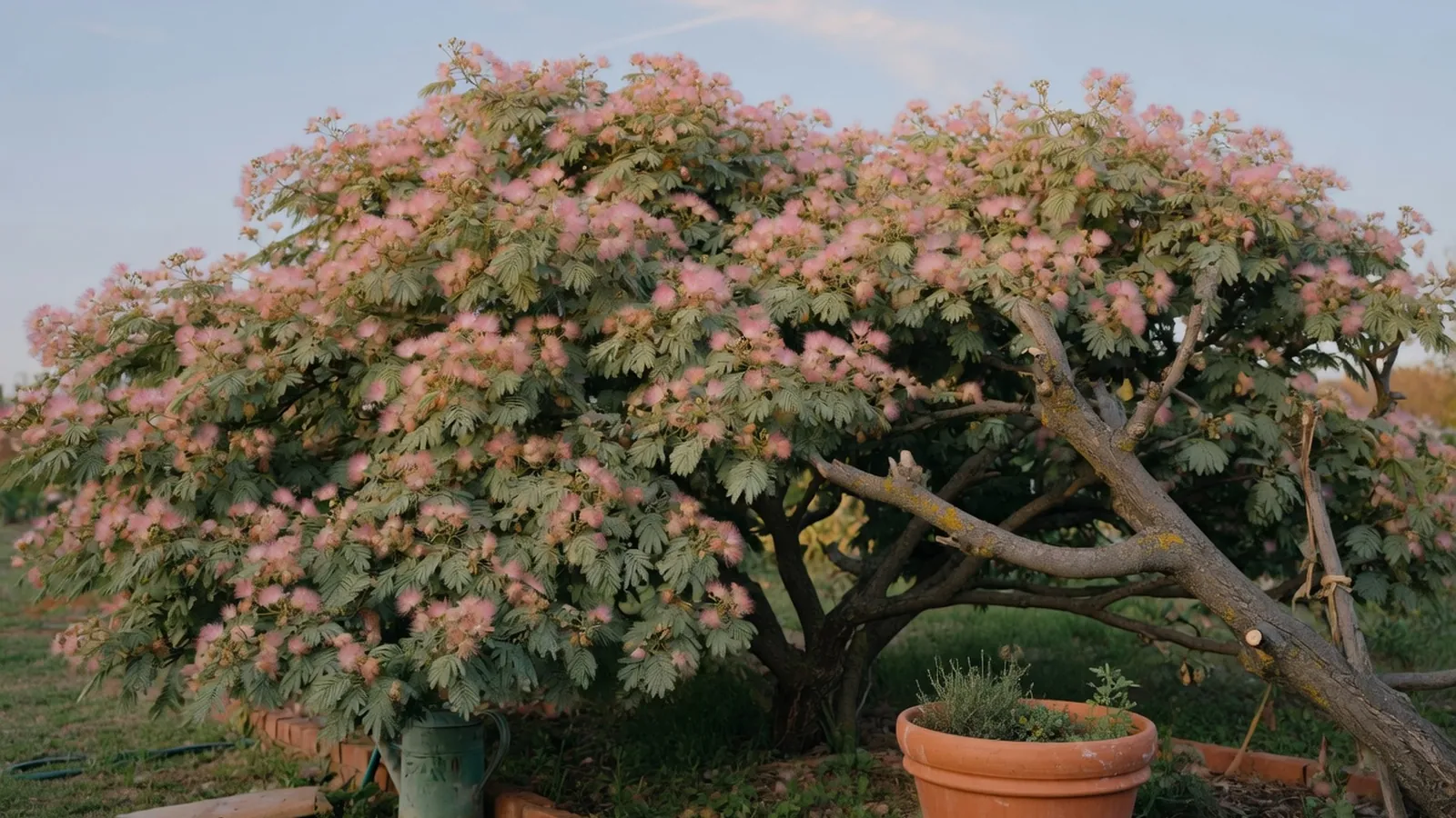 A mature mimosa tree displaying its characteristic fluffy pink blooms and delicate feathery foliage.