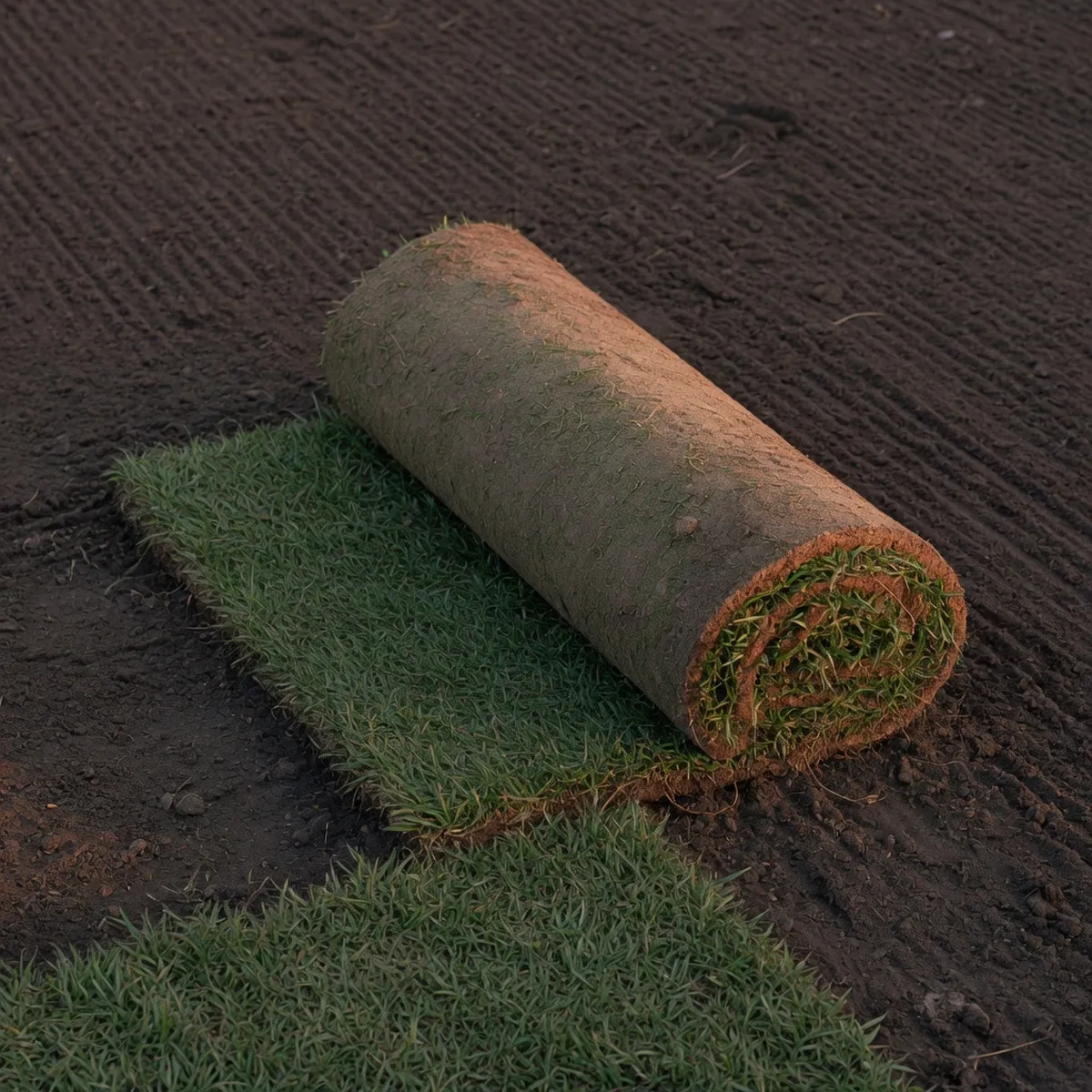 A close-up view of a freshly laid rectangular sod roll resting on prepared soil.