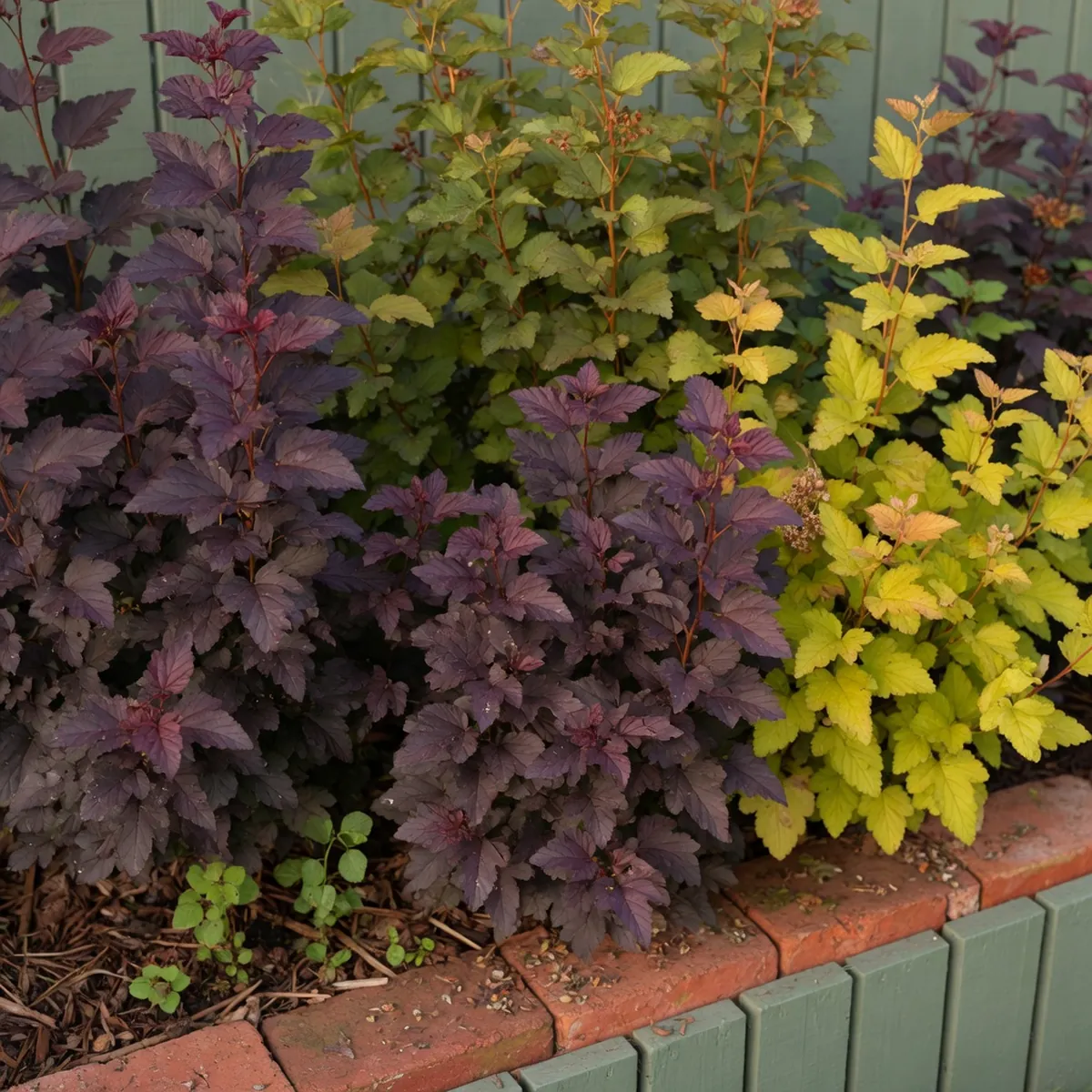 A cluster of ninebark shrubs showcasing varied foliage colors ranging from deep purple to bright green.