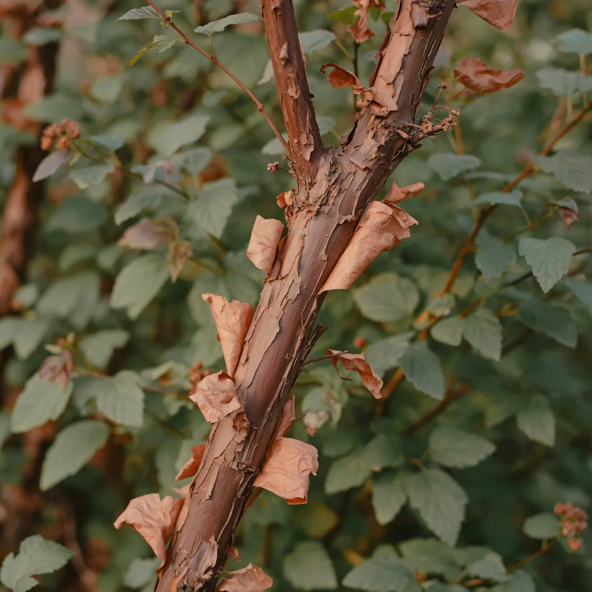 A close-up view of the distinctive peeling bark layers on a ninebark shrub stem.