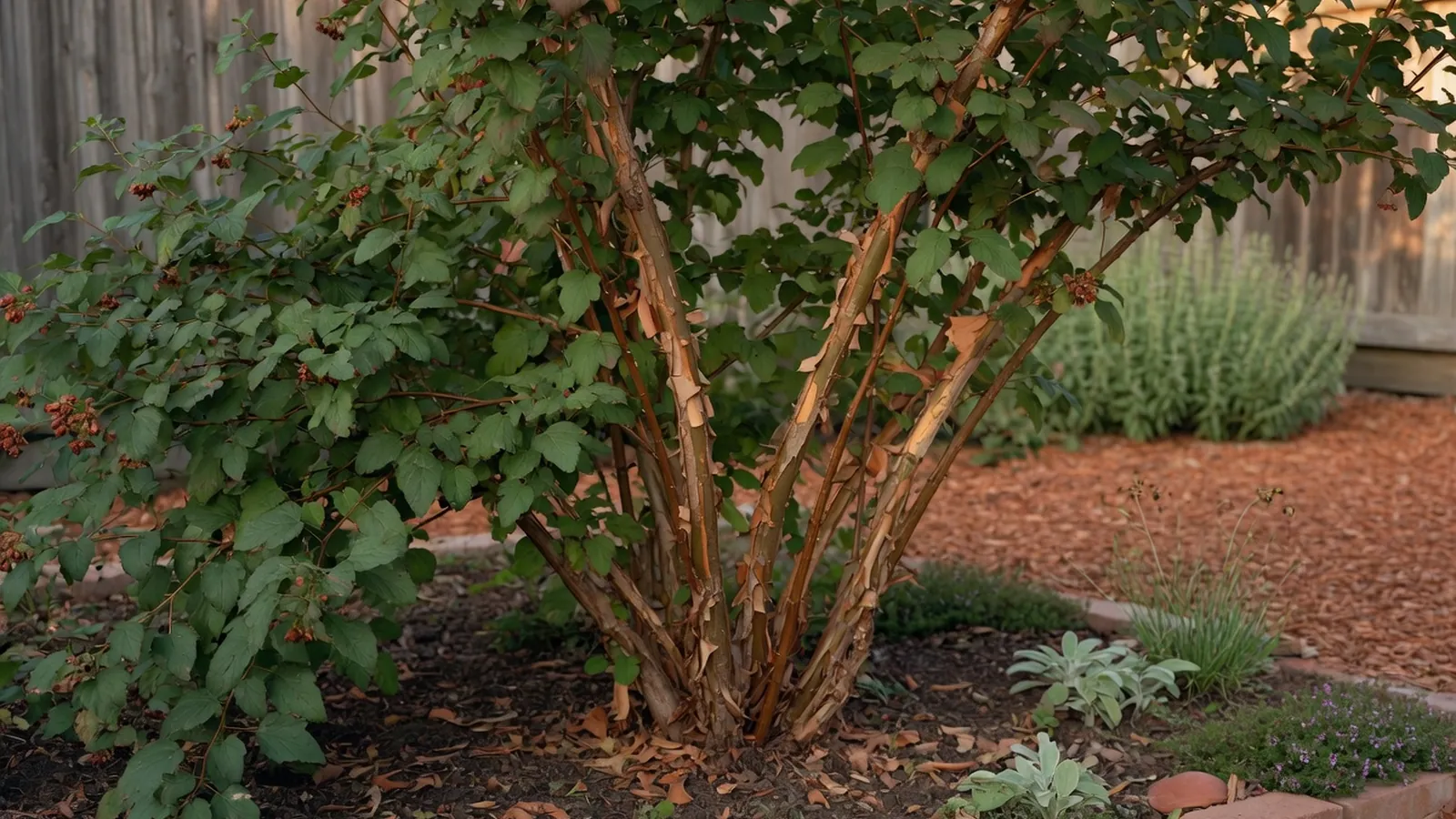 A healthy ninebark shrub displaying its characteristic layered bark and vibrant foliage in a garden setting.