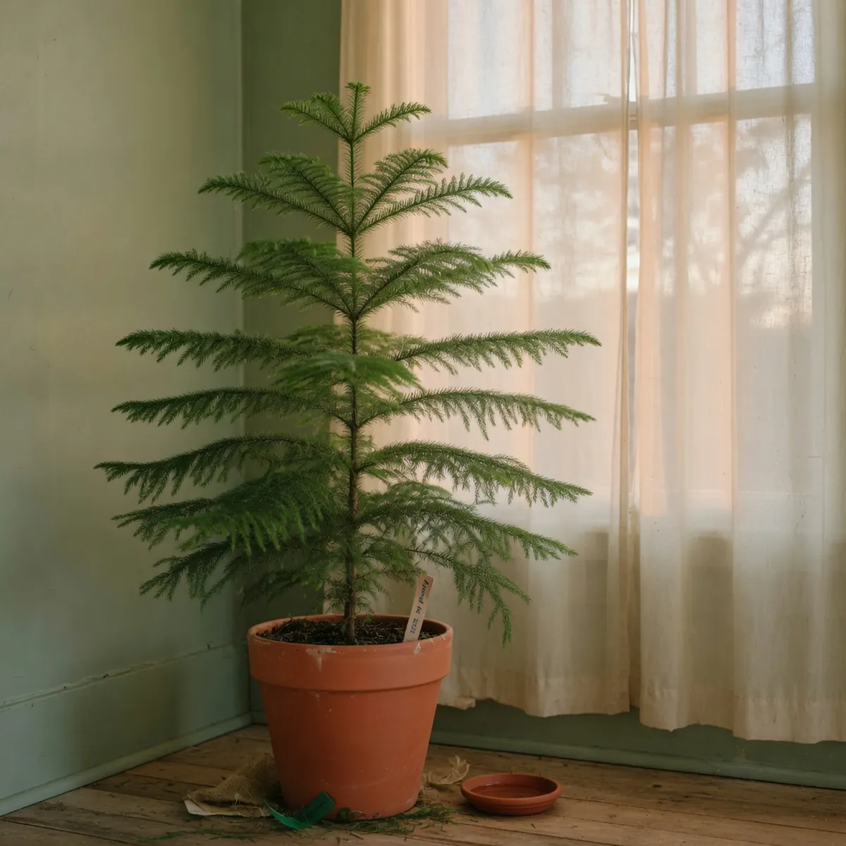 A potted Norfolk pine placed near a large window to receive bright indirect light.