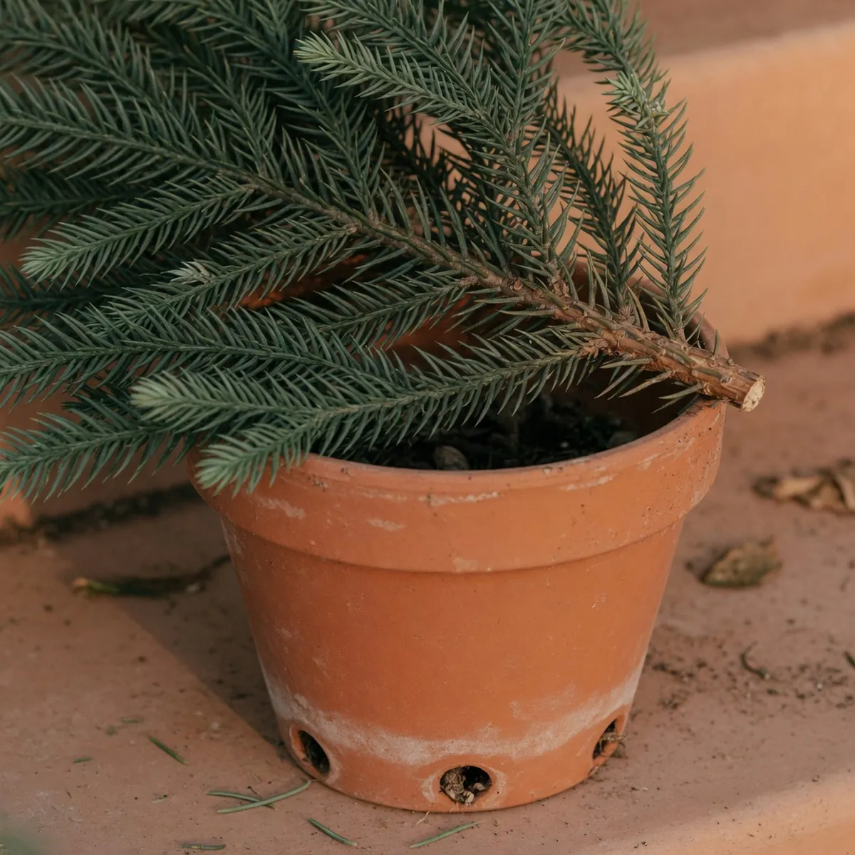 Dark green needle-like foliage on a Norfolk pine branch above a pot with drainage holes.